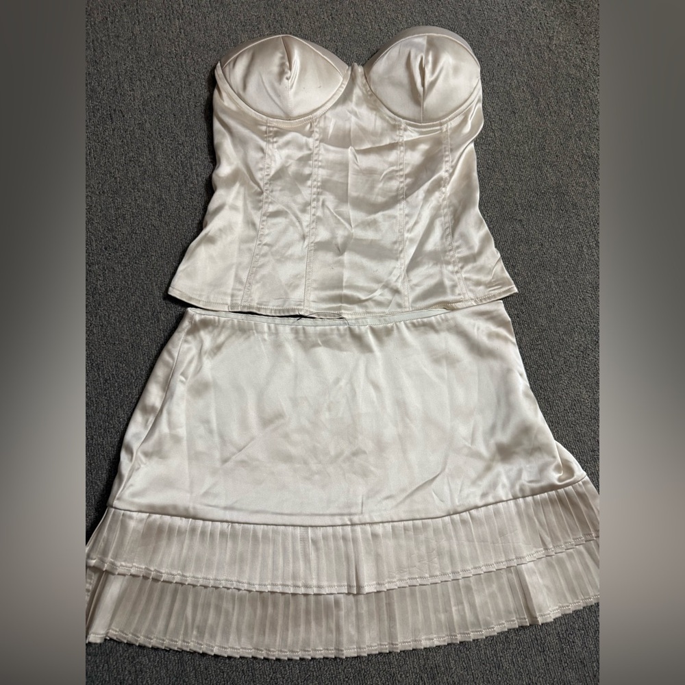 Fashion Nova Cream Satin Bustier and Skirt Set